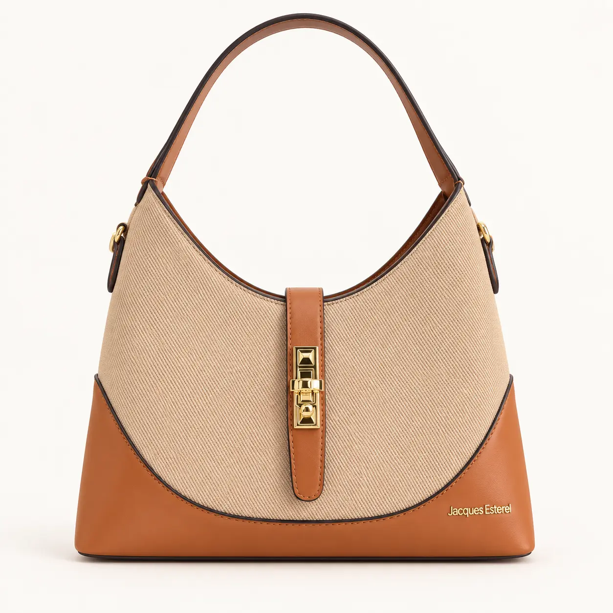 Sac bandoulière Jacques Esterel beige et cognac, boucle dorée