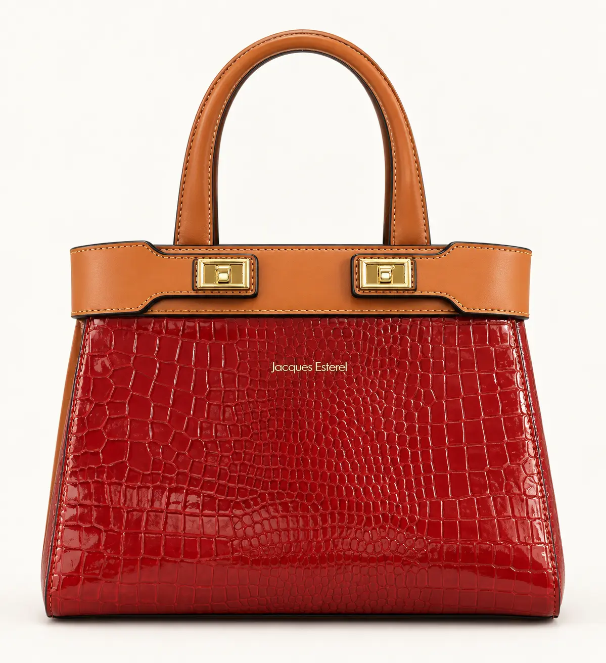 Face avant du sac Jacques Esterel rouge effet croco et anses cognac